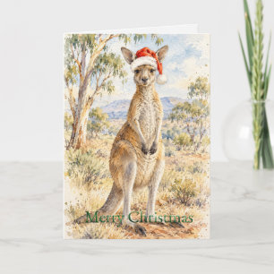 Cartes Pour Fêtes Annuelles Kangourou de Noël portant un chapeau de Père Noël