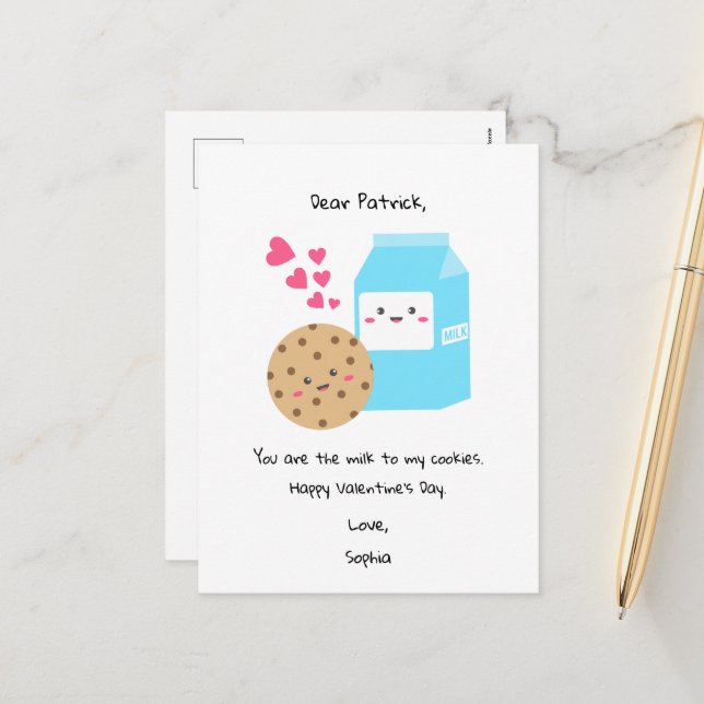 Cartes Pour Fêtes Annuelles Kawaii Milk Cookies Saint Valentin mignonne sucré (Devant/Arrière en situation)