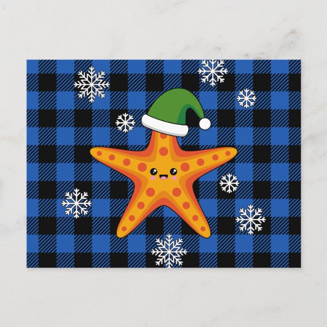 Cartes Pour Fêtes Annuelles Kawaii Xmas Starfish sur Blue Buffalo Motif (Devant)