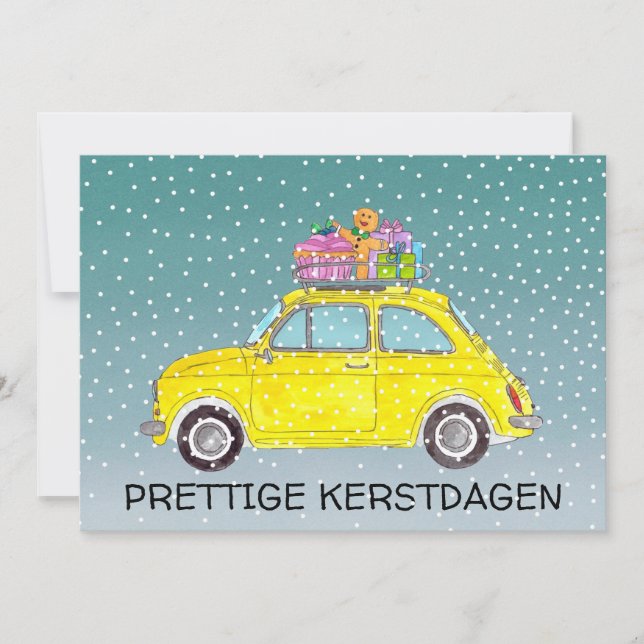 Cartes Pour Fêtes Annuelles Kerstdagen néerlandais Noël jaune Fiat 500 (Devant)