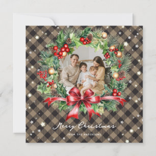 Cartes Pour Fêtes Annuelles Khaki Buffalo Plaid Wreath Stars Photo Noël