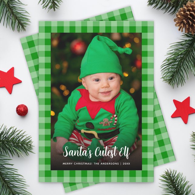 Cartes Pour Fêtes Annuelles Kid Photo Green Plaid Père Noël Cutest Elf Christm (Créateur téléchargé)