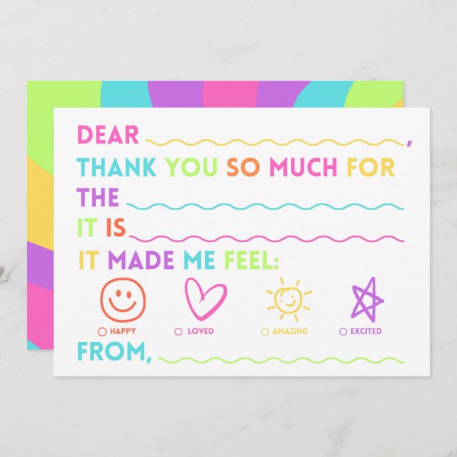 Cartes Pour Fêtes Annuelles Kids Fill In The Blank Thank You Cards Rainbow (Devant / Derrière)