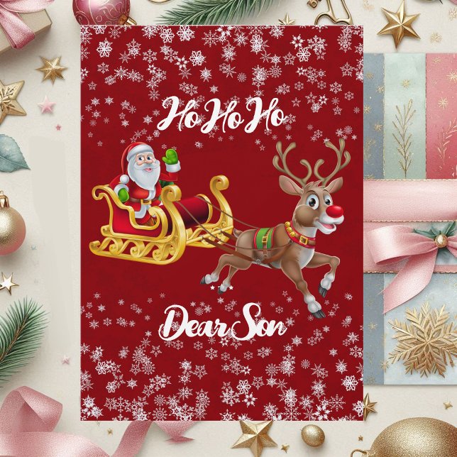 Cartes Pour Fêtes Annuelles Kids Père Noël Christmas Reindeder Sleigh Snowflak (Kids Santa Christmas Reindeer Sleigh Snowflake Red Holiday Card)