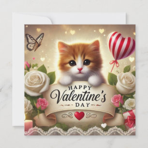 Cartes Pour Fêtes Annuelles Kitten adorable avec Roses, bougies et coeurs