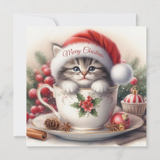Cartes Pour Fêtes Annuelles Kitten de Noël dans un Teacup (Devant)