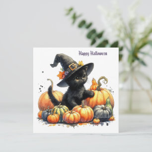 Cartes Pour Fêtes Annuelles Kitten d'Halloween noir avec Citrouilles et Casque