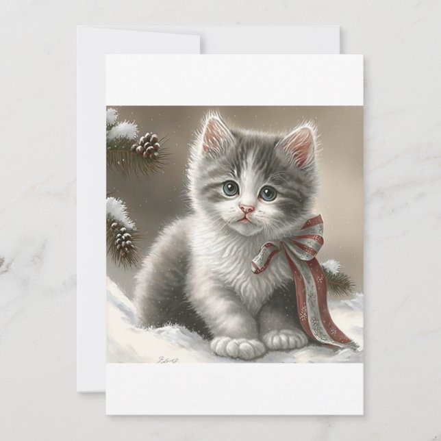 Cartes Pour Fêtes Annuelles Kitten gris de Noël, T-shirt chat de Père Noël (Devant)