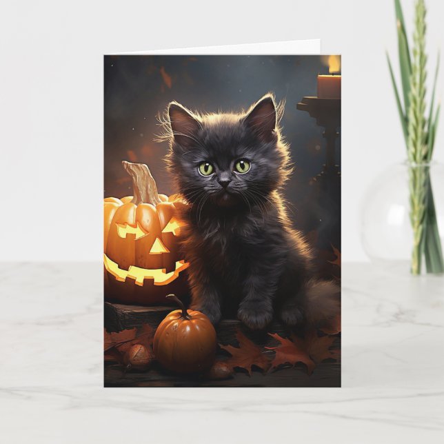 Cartes Pour Fêtes Annuelles Kitten noir avec Halloween Citrouille (Devant)
