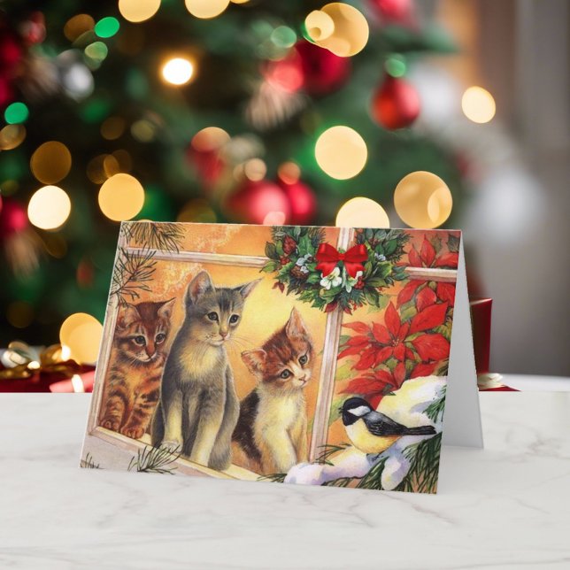 Cartes Pour Fêtes Annuelles Kitty Chats Oiseau regarder Joyeux Noël mignonne (Créateur téléchargé)