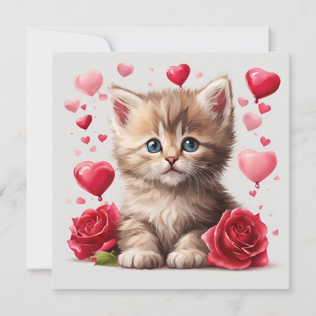 Cartes Pour Fêtes Annuelles Kitty de la Saint-Valentin à l'aquarelle avec des  (Devant)