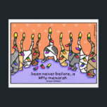 Cartes Pour Fêtes Annuelles Kitty Menorah, Joyeuses Fêtes !<br><div class="desc">"Jamais vu auparavant,  une menorah de chatte." On dirait : "jamais vu avant,  euh,  minable." Cette mignonne carte de chat célèbre hanoukka et les fêtes d'une manière originale! Joyeuses fêtes !</div>