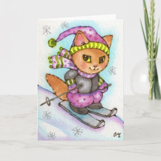 Cartes Pour Fêtes Annuelles Kitty skiant - chat mignon d'hiver (Devant)