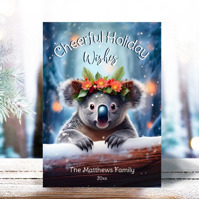 Cartes Pour Fêtes Annuelles Koala Bear Snowy Winter Forest Noël joyeux (Adorable Winter Snowy Scene With Peeking Dogs or Farm/Woodland Animals - Over 50 to Choose From!)