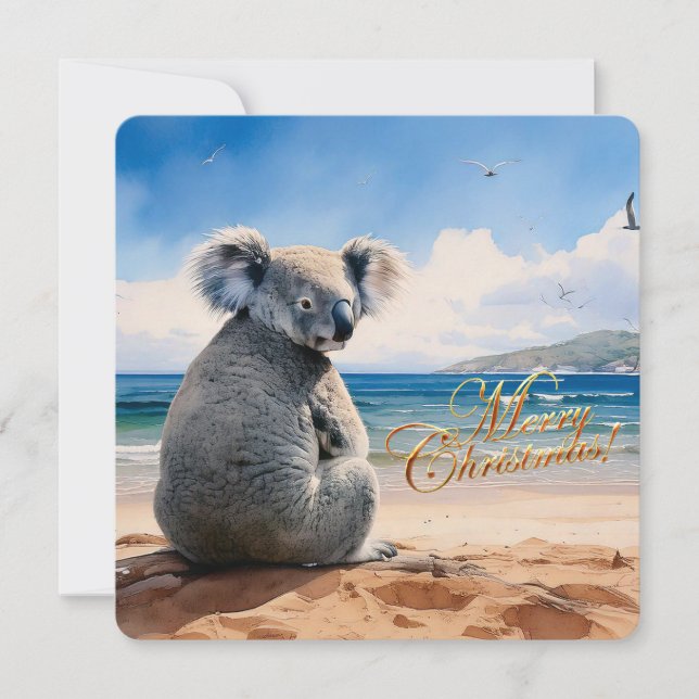 Cartes Pour Fêtes Annuelles Koala sur une plage de sable Joyeux Noël (Devant)