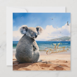 Cartes Pour Fêtes Annuelles Koala sur une plage de sable Joyeux Noël