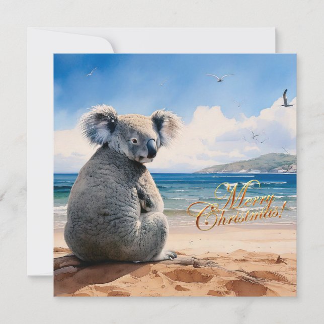 Cartes Pour Fêtes Annuelles Koala sur une plage de sable Joyeux Noël (Devant)