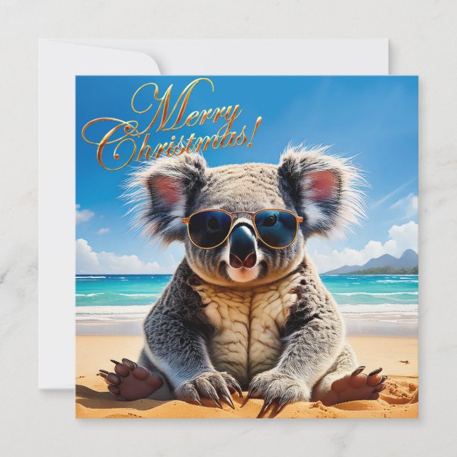 Cartes Pour Fêtes Annuelles Koala sur une plage de sable Joyeux Noël (Devant)