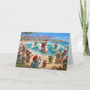 Cartes Pour Fêtes Annuelles Koalas de Noël surfant sur la plage de Bondi