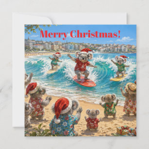 Cartes Pour Fêtes Annuelles Koalas de Noël surfant sur la plage de Bondi