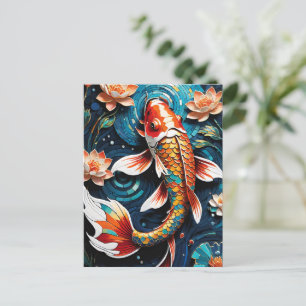 Cartes Pour Fêtes Annuelles Koi vibrant et de belles fleurs scène aquatique