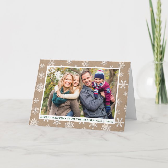 Cartes Pour Fêtes Annuelles Kraft Joyeux Noël Photo Flocs de neige Plier (Devant)