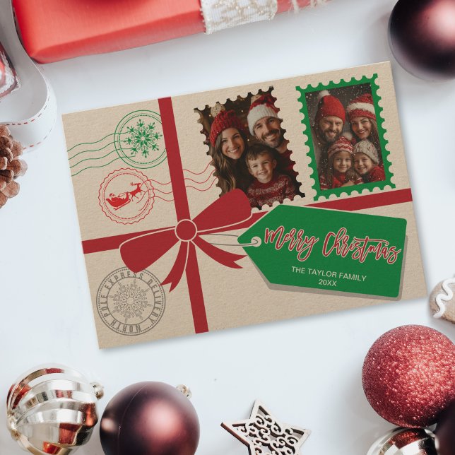 Cartes Pour Fêtes Annuelles Kraft Red Green Cadeau Bow Photo Joyeux Noël (christmas card designed to look like a gift with a ribbon and bow)
