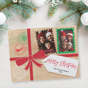 Cartes Pour Fêtes Annuelles Kraft Red Green Cadeau Bow Photo Joyeux Noël