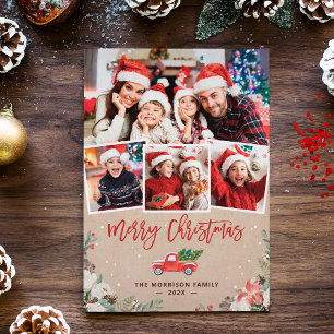 Cartes Pour Fêtes Annuelles Kraft Winter Floral Camion de Noël 4 Photo