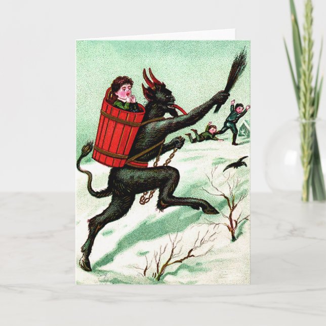 Cartes Pour Fêtes Annuelles Krampus chassant la mauvaise neige d'hiver (Devant)