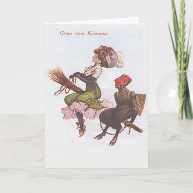 Cartes Pour Fêtes Annuelles Krampus Dans Une Chambre Avec Une Femme (Devant)