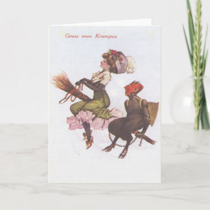 Cartes Pour Fêtes Annuelles Krampus Dans Une Chambre Avec Une Femme