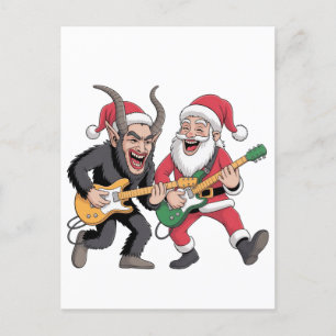 Cartes Pour Fêtes Annuelles Krampus et Santa Jouant de la Guitare Électrique N