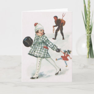Cartes Pour Fêtes Annuelles Krampus poursuivant une petite fille avec une poup