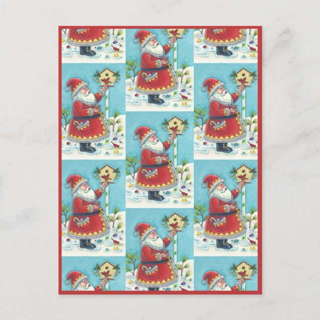 CARTES POUR FÊTES ANNUELLES KRIS KRINGLE ALIMENTER LES OISEAUX REDBIRÉS, NOËL  (Devant)