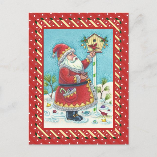 CARTES POUR FÊTES ANNUELLES KRIS KRINGLE ALIMENTER LES OISEAUX REDBIRÉS, NOËL  (Devant)