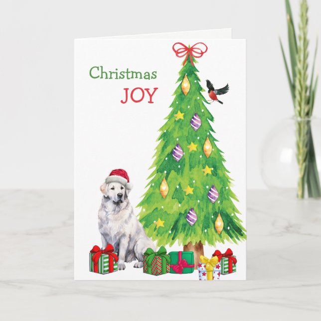 Cartes Pour Fêtes Annuelles Kuvasz Chien, Oiseau et Arbre de Noël (Devant)
