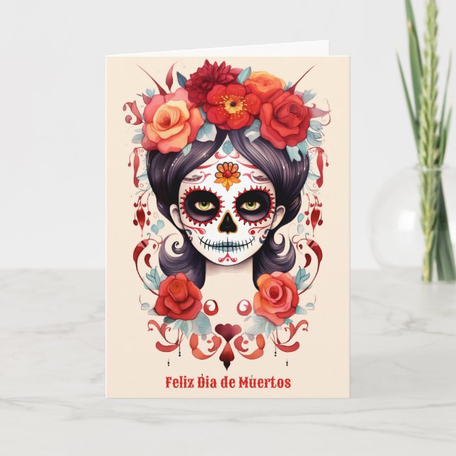 Cartes Pour Fêtes Annuelles La Calavera Catarina en Flores Rojas (Devant)