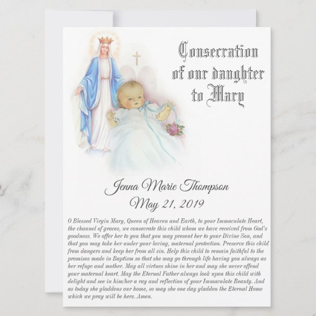 Cartes Pour Fêtes Annuelles La consécration de notre Fils Bébé Vierge Marie (Devant)