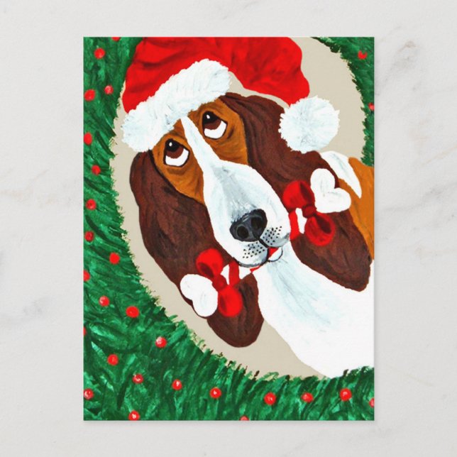 Cartes Pour Fêtes Annuelles La couronne de Noël de Basset Hound (Devant)