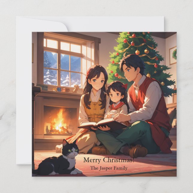 Cartes Pour Fêtes Annuelles La famille lit un livre sur le thème de Noël (Devant)