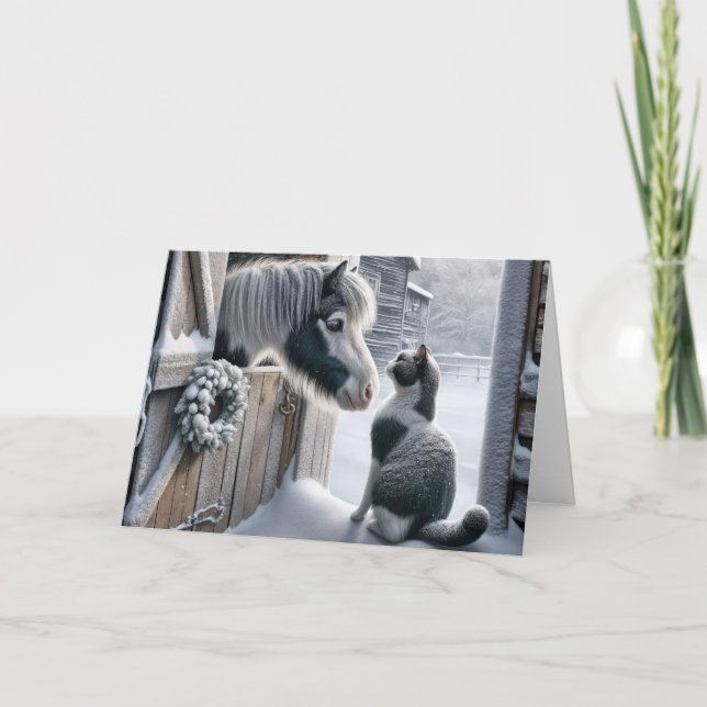 Cartes Pour Fêtes Annuelles La ferme de Noël Pony et Chat (Devant)