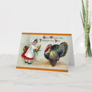 Cartes Pour Fêtes Annuelles La fille alimente le maïs au thanksgiving de cru