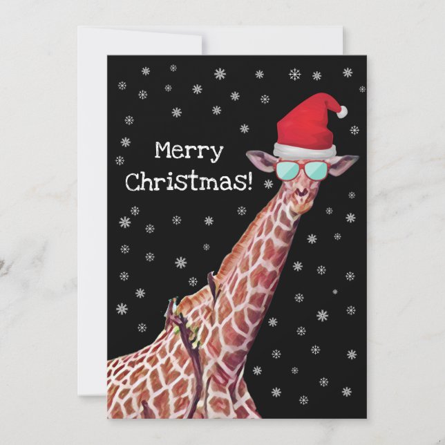 Cartes Pour Fêtes Annuelles La Girafe avec le Père Noël et la Neige Noël  (Devant)