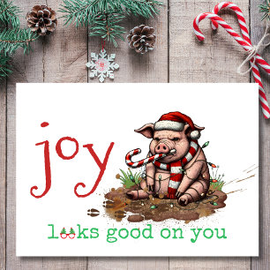 Cartes Pour Fêtes Annuelles La joie vous va bien, drôle de cochon de Noël