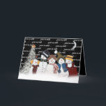 Cartes Pour Fêtes Annuelles La Paix Sur Terre Des Snowmen Dans Les Feux De Nei<br><div class="desc">De mignons bonhommes de neige en flocons de neige avec un texte "paix sur terre" en noir avec des flocons de neige,  une lune de croissant et un pin blanc. La couleur Arrière - plan peut être modifiée. Le texte peut être modifié.</div>