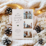 Cartes Pour Fêtes Annuelles La période la plus merveilleuse de l'année en phot<br><div class="desc">c'est la période la plus merveilleuse de l'année !,  carte de vacances moderne et minimaliste avec 3 photos. Caractéristiques : fonds beige clair et olive avec une typographie noire élégante et un détail de nœud vert festif.</div>
