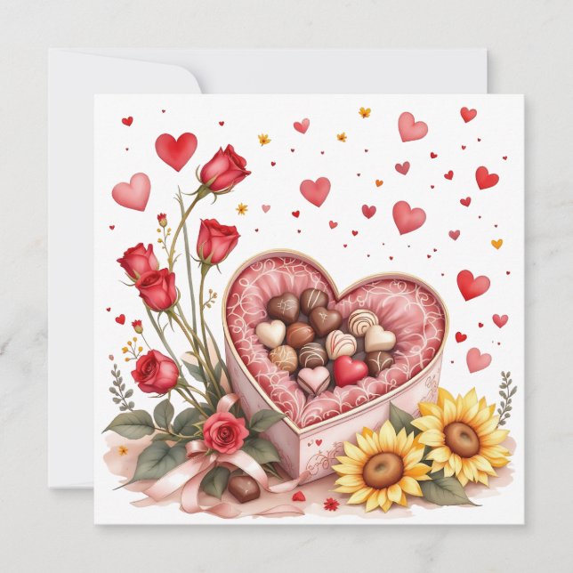 Cartes Pour Fêtes Annuelles La Saint-Valentin cœurs, roses et chocolats  (Devant)