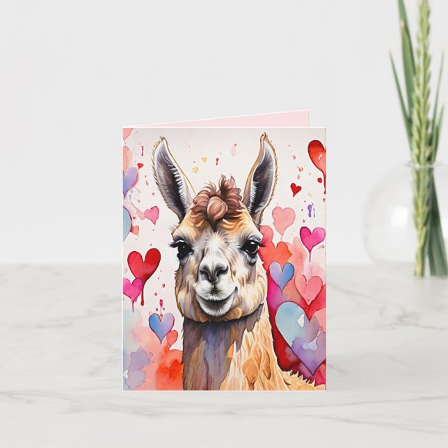 Cartes Pour Fêtes Annuelles La Saint-Valentin Lama Cœurs Aquarelle  Deux-Tons (Devant)
