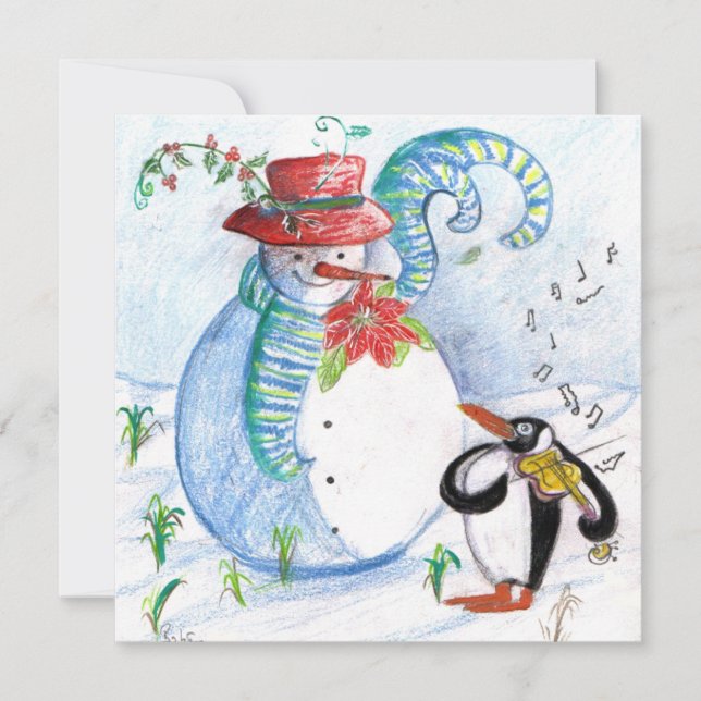 CARTES POUR FÊTES ANNUELLES LA SÉRÉNADE HIVERNALE DE SNOWMAN ET PENGUIN (Devant)